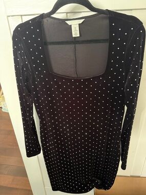 H&M Black Velvet Long-Sleeve Dress with Stud Accents